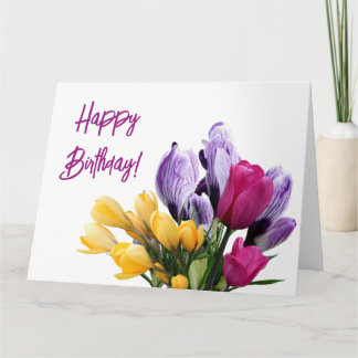 Happy Birthday purple yellow pink tulip floral fun Card