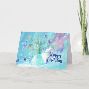 Happy Birthday Purple, Yellow Wildflowers on Blue Card
