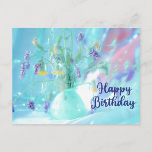 Happy Birthday Purple, Yellow Wildflowers on Blue Postcard