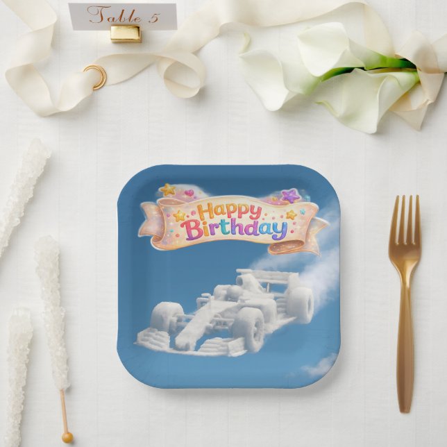Happy birthday racing car cloud 7 in.² paper plate (Wedding)