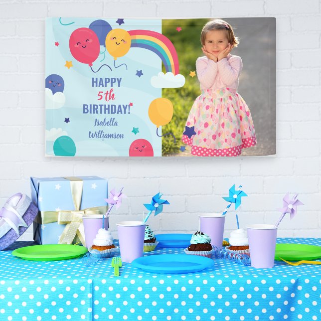 Happy Birthday Rainbow Balloons Custom Photo Text Banner (Creator Uploaded)