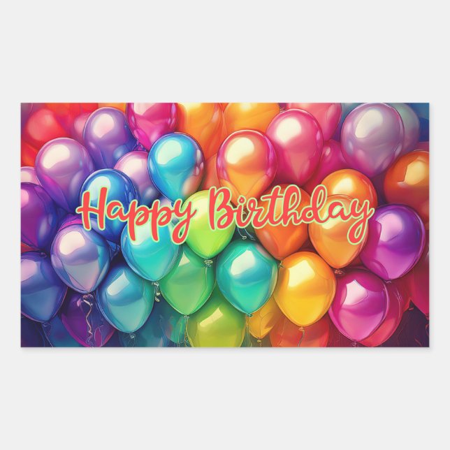 Happy Birthday Rainbow Balloons Rectangular Sticker (Front)