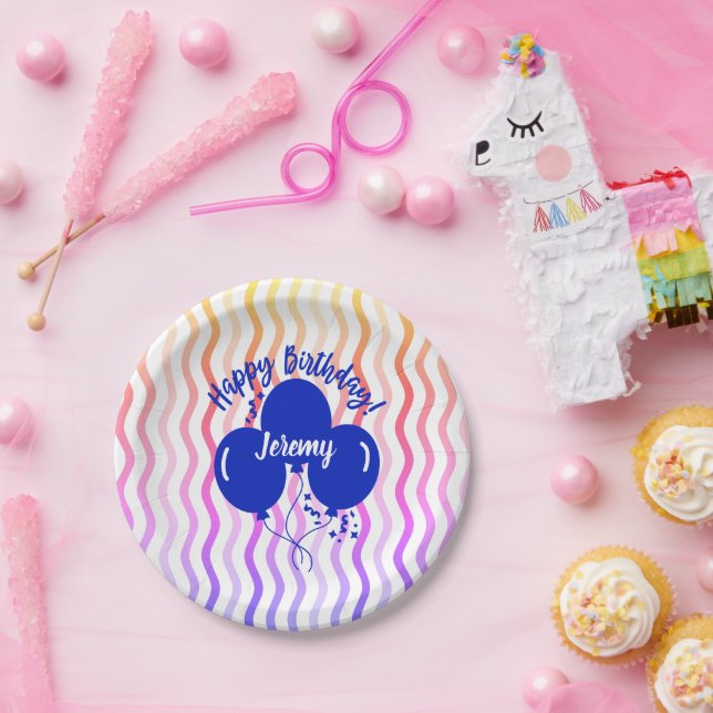 Happy Birthday Rainbow Blue Balloons Personalised  Paper Plate (Party)