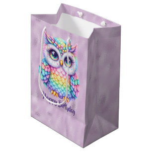 Happy Birthday Rainbow Colour Owl on Purple Medium Gift Bag