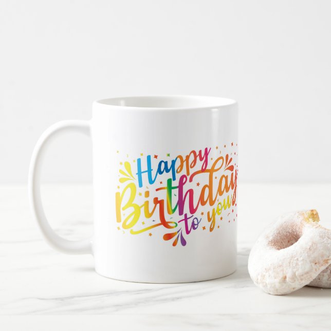 Happy Birthday - rainbow colours Birthday  Coffee Mug (With Donut)