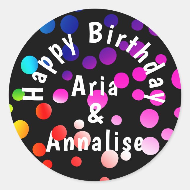Happy Birthday Rainbow Dots on Black Classic Round Sticker (Front)