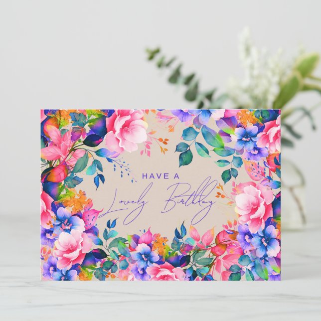 Happy Birthday Rainbow Garden Floral Champagne Card (Standing Front)