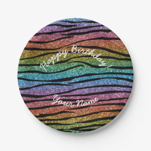 Happy Birthday rainbow glitter zebra stripes Paper Plate
