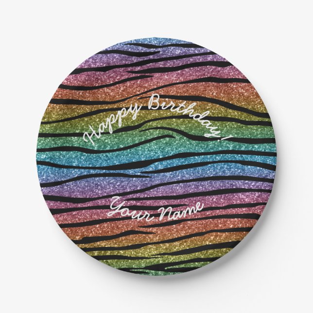 Happy Birthday rainbow glitter zebra stripes Paper Plate (Front)