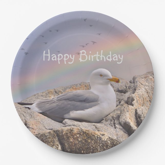Happy Birthday Rainbow Seagull Paper Plate (Front)