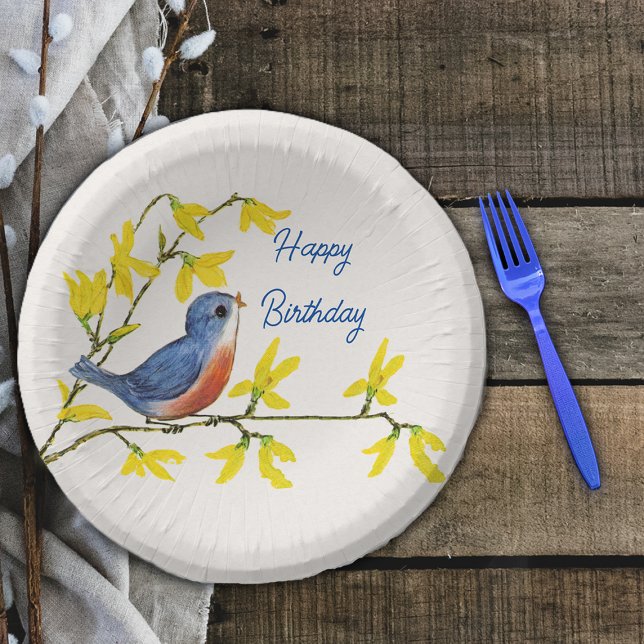 Happy Birthday Red Blue Bird Branch Pretty Flowers Paper Plate (Cute Happy Birthday red blue bird on branch with pretty yellow spring flowers on white paper bowl.)