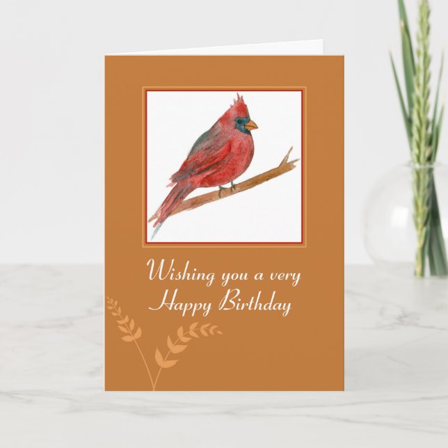 Happy Birthday Red Cardinal Bird Watercolor Card (Front)