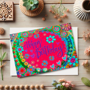 Happy Birthday Red Cheerful Fun Floral Girly Card