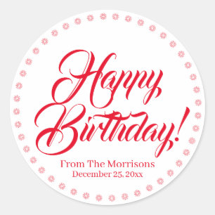 Happy Birthday red custom script name favours  Classic Round Sticker
