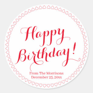 Happy Birthday red custom script name hearts Classic Round Sticker