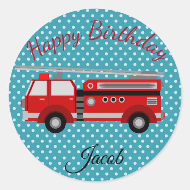Happy Birthday Red Fire Engine Classic Round Sticker (Front)