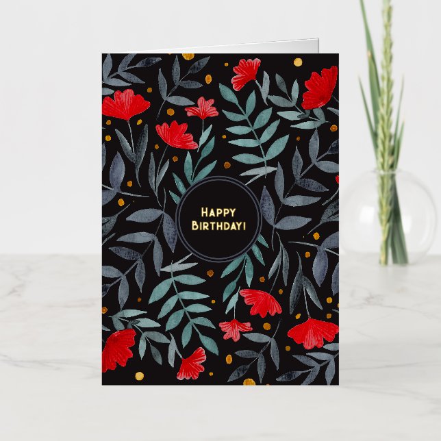 Happy Birthday red flowers magical garden Foil Holiday Card (Front)