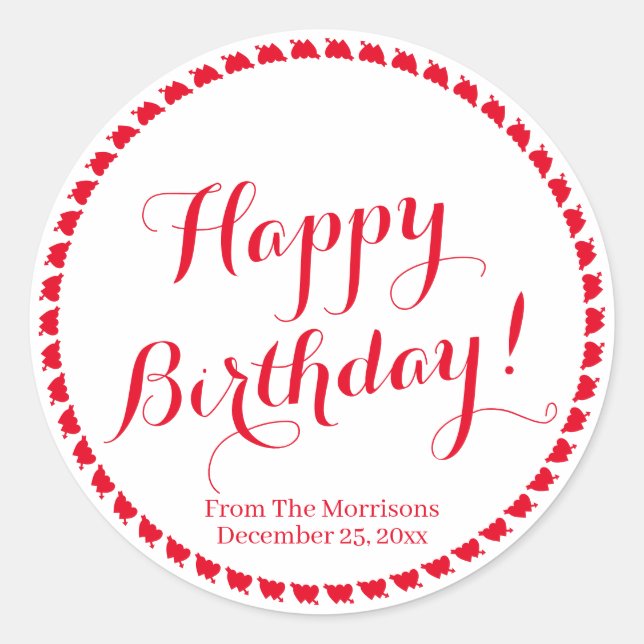 Happy Birthday red hearts custom script name  Classic Round Sticker (Front)