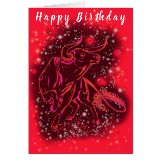 Happy Birthday  Red Neon Bull Running Starry Night (Front)