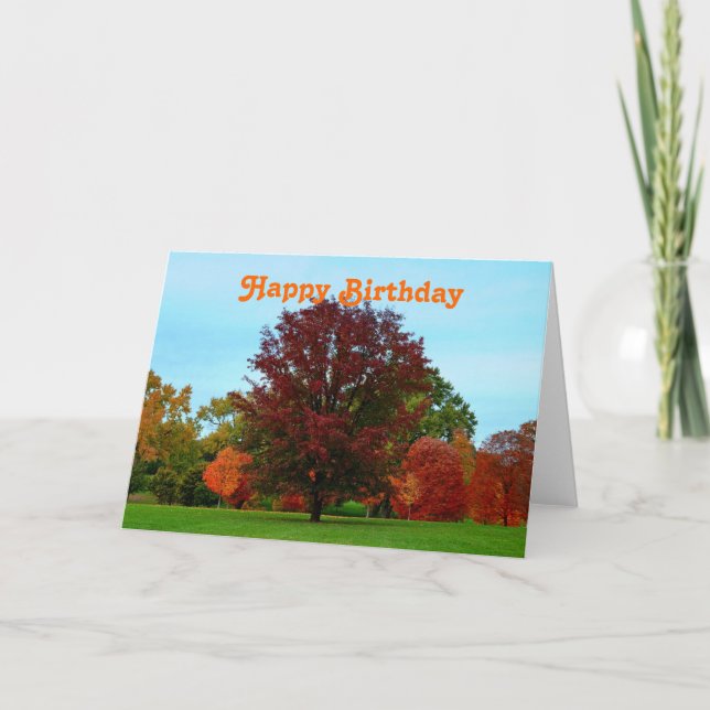 Happy Birthday Red Oak Tree in Autumn Card (Front)