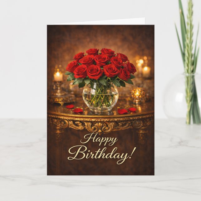 Happy Birthday Red Rose Candlelight Card (Front)