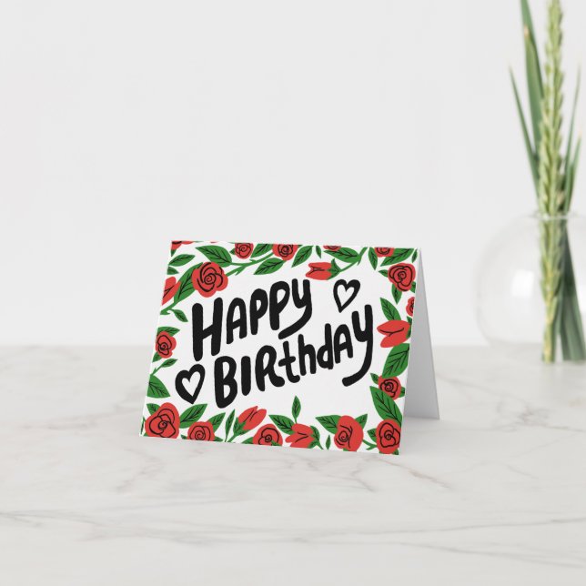 HAPPY BIRTHDAY Red Roses Frame Floral Customise It Card (Front)