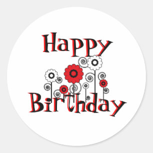 Happy Birthday, red, & white flowers, on white Classic Round Sticker