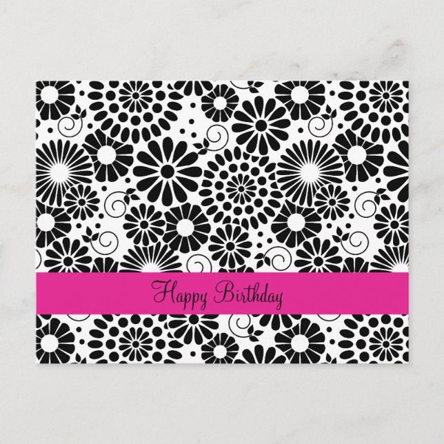 Happy Birthday Retro Black White Chic Folk Flowers Postcard (Front)