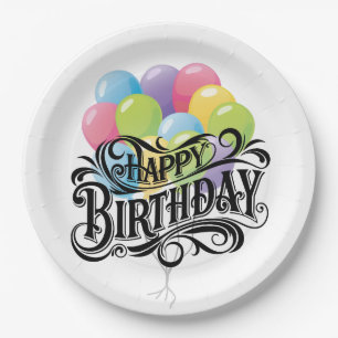 Happy Birthday Retro Card Balloons Paper Plate