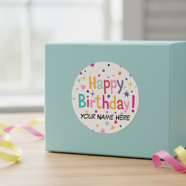 Happy Birthday Retro Customisable Classic Round Sticker (Customizable Classic Round Sticker)