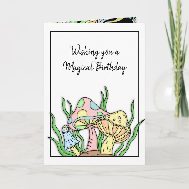 Happy Birthday Retro Mushrooms and Colouring page  Card (Front)