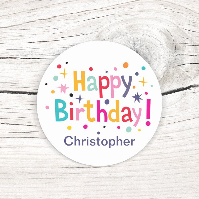 Happy Birthday Retro Personalised Classic Round Sticker (A vibrant vintage design that includes a personalized name.)