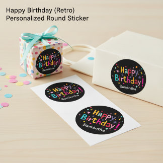 Happy Birthday (Retro) Personalised Round Sticker 
