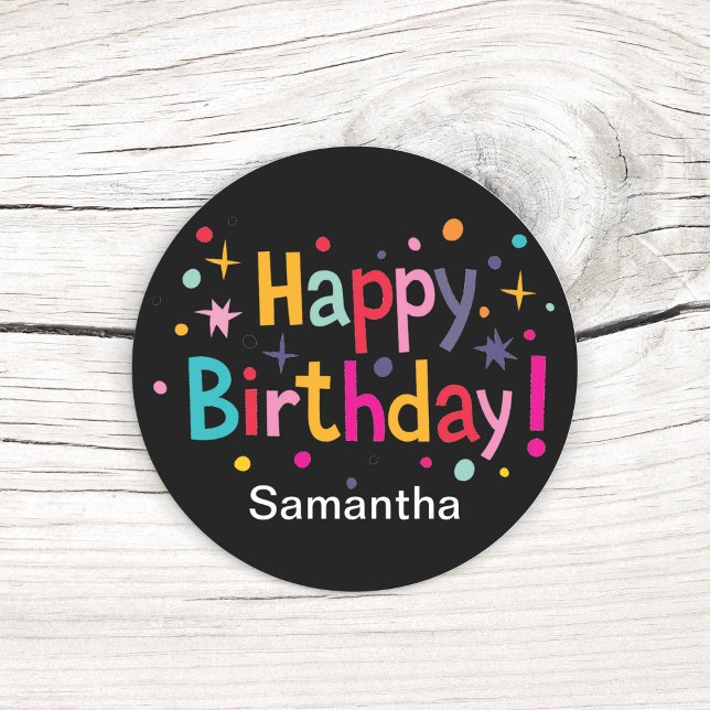 Happy Birthday (Retro) Personalised Round Sticker  (Add a bold pop of color to every birthday gift.)