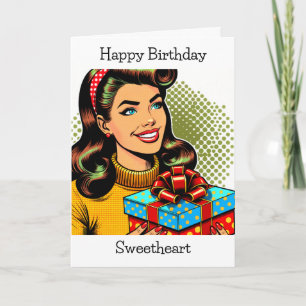Happy Birthday   Retro Pop Art Woman Holding Gift Card