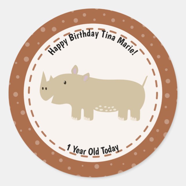 Happy Birthday Rhinoceros Rhino Zoo Animals Classic Round Sticker (Front)