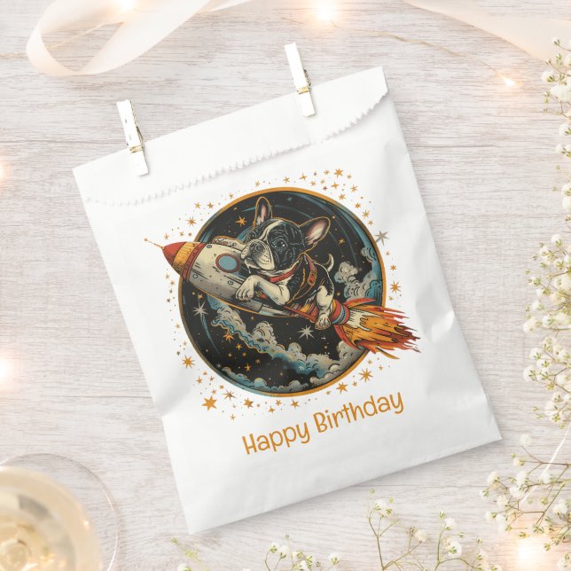 Happy Birthday Rocket Ship French Bulldog Favour Bag (Clipped)