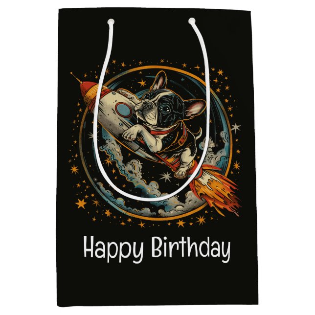Happy Birthday Rocket Ship French Bulldog Medium Gift Bag (Front)