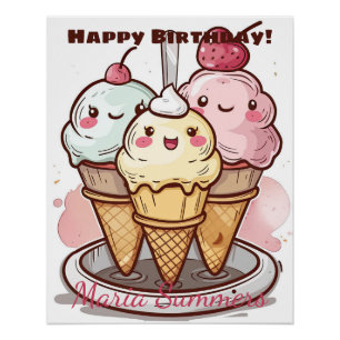 Happy Birthday Rolled Ice-cream Kawaii Cartoon  Poster