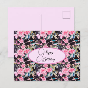 Happy Birthday Rose floral Pink Black Postcard