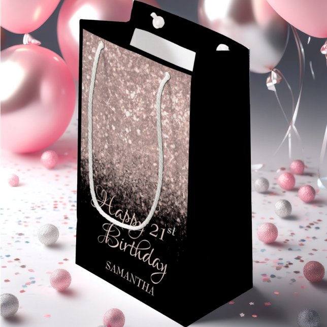 Happy Birthday Rose Gold &  Black Glitter Any Age Small Gift Bag (Creator Uploaded)