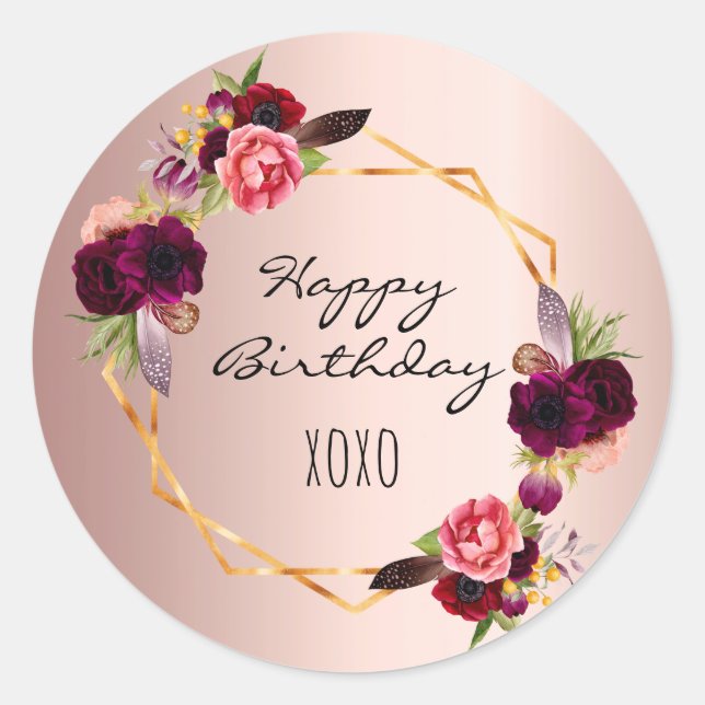 Happy birthday rose gold blush floral geometric  classic round sticker (Front)