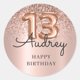 Happy Birthday Rose Gold Glitter Balloon 13th Classic Round Sticker