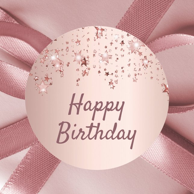 Happy birthday rose gold stars pink classic round sticker (Creator Uploaded)