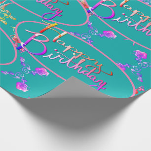 "Happy Birthday" Rose Hearts on TealWrapping Paper