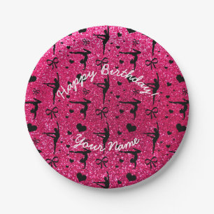 Happy Birthday rose pink glitter gymnastics Paper Plate