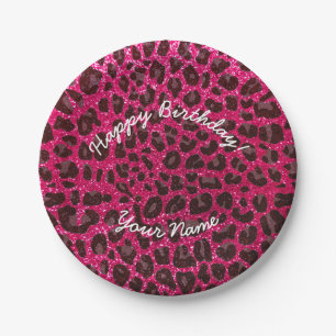Happy Birthday rose pink glitter leopard Paper Plate
