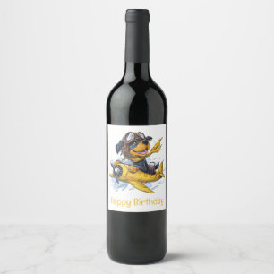 Happy Birthday Rottweiler Dog Pilot Aeroplane Wine Label