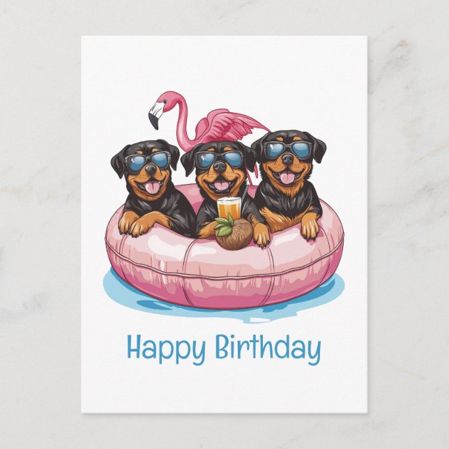 Happy Birthday Rottweiler Dogs Flamingo Pool Tube Postcard (Front)