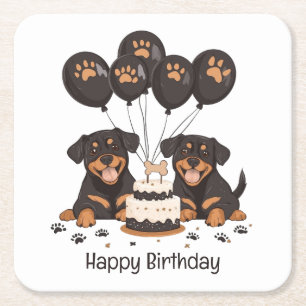Happy Birthday Rottweiler Dogs Square Paper Coaster